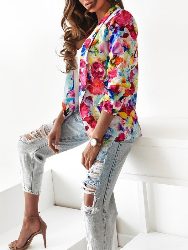 Blazer Femme – Fleurie Multicolore, Légère Manches Longues