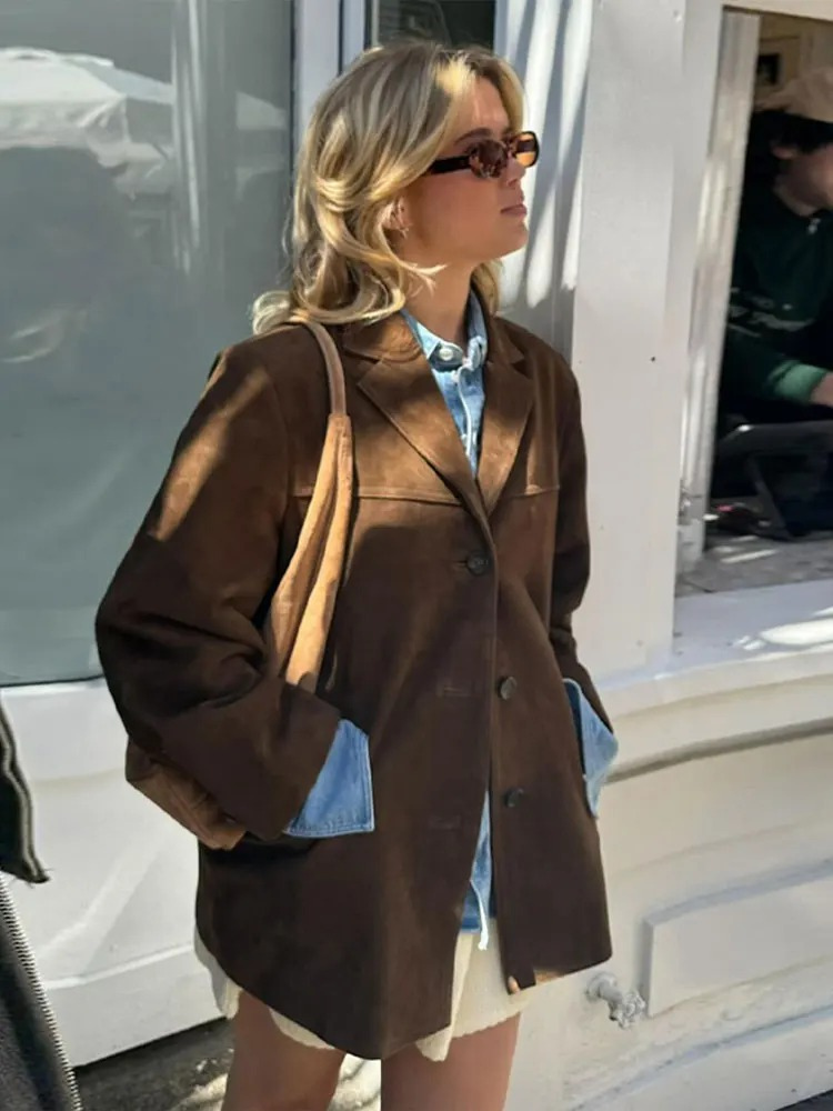 Blazer Femme – Oversize Daim Marron, Cintré