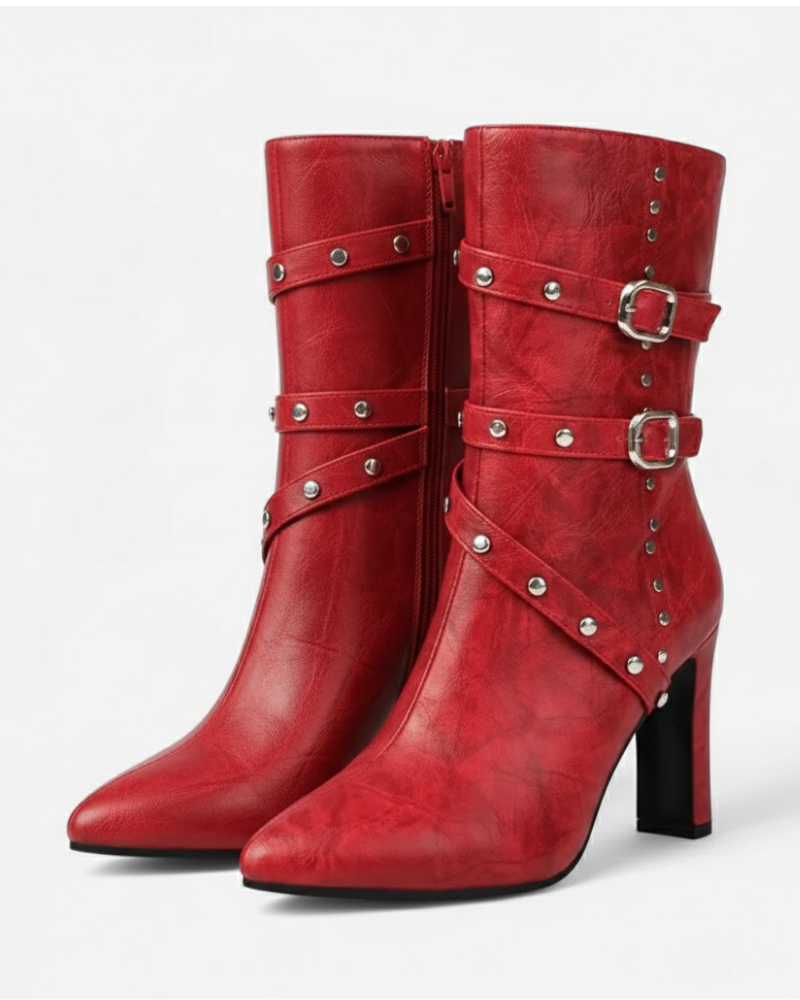 Bottes à Talon Femme Bout Pointu – Lanières Cloutées, Mi-Mollet