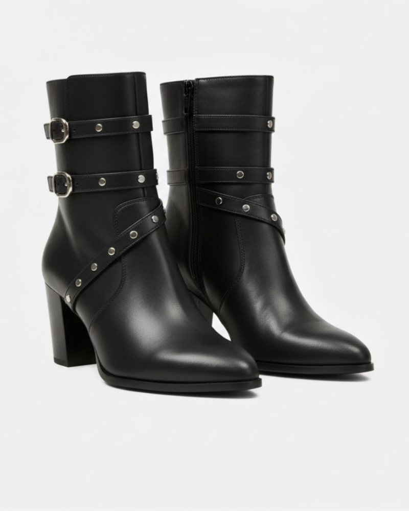Bottes à Talon Femme Bout Pointu – Lanières Cloutées, Mi-Mollet