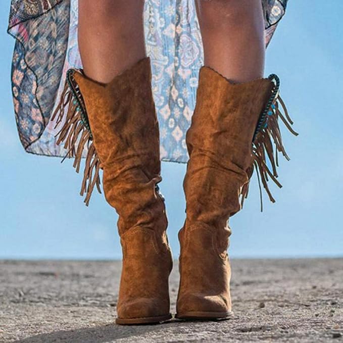 Bottes Cowboy Femme à Franges – Style Western, Talon Bloc