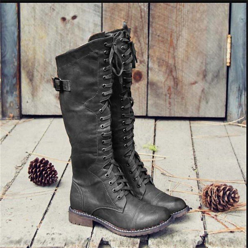 Bottes Hautes Femme – Aspect Cuir Lacets Boucle Talon Bloc Crantée