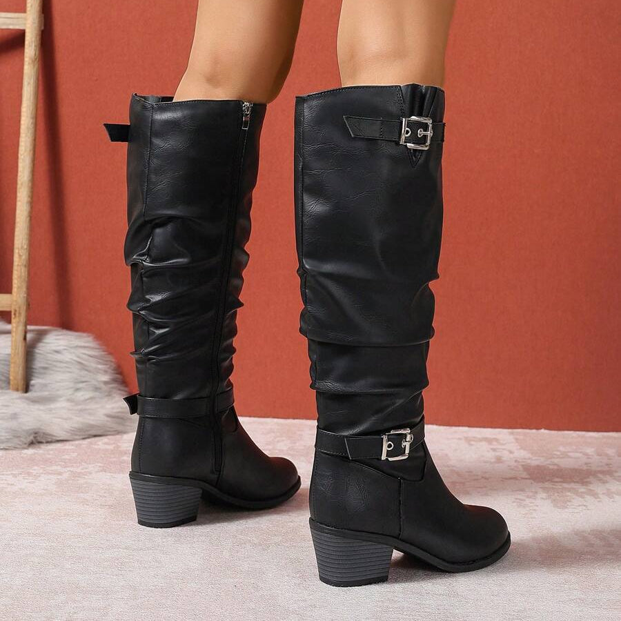 Bottes Hautes Femme – Aspect Cuir Talon Bloc Double Boucle