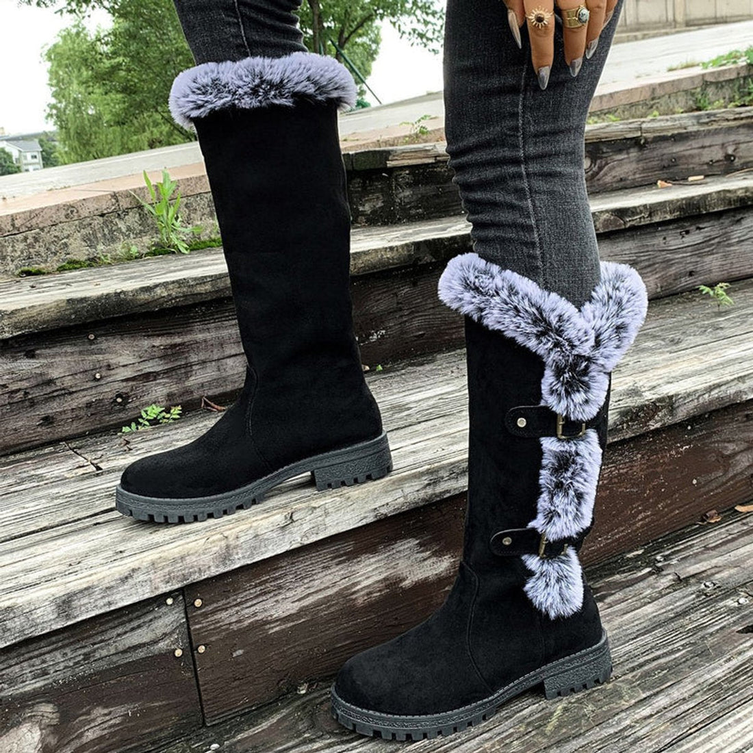 Bottes Hautes Femme – Bordure Fausse Fourrure, Boucles Décoratives