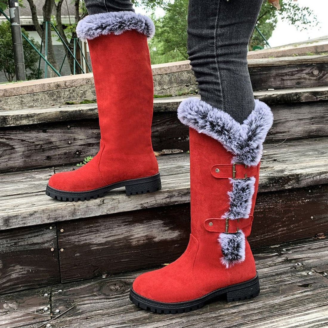 Bottes Hautes Femme – Bordure Fausse Fourrure, Boucles Décoratives