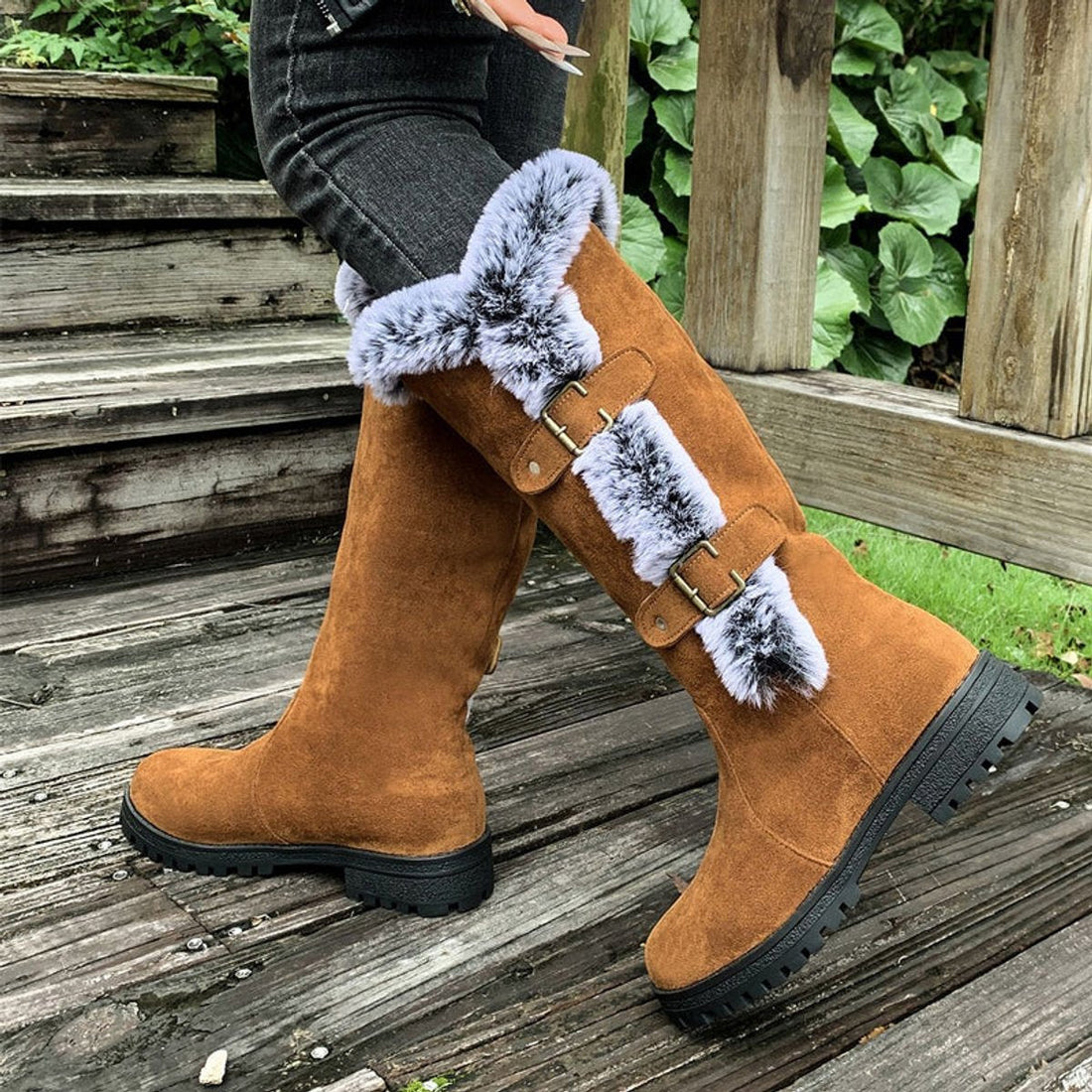 Bottes Hautes Femme – Bordure Fausse Fourrure, Boucles Décoratives