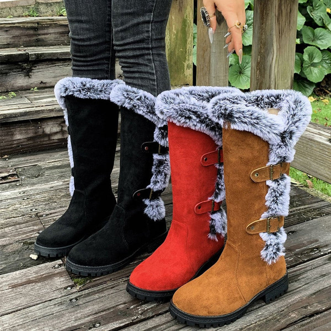 Bottes Hautes Femme – Bordure Fausse Fourrure, Boucles Décoratives