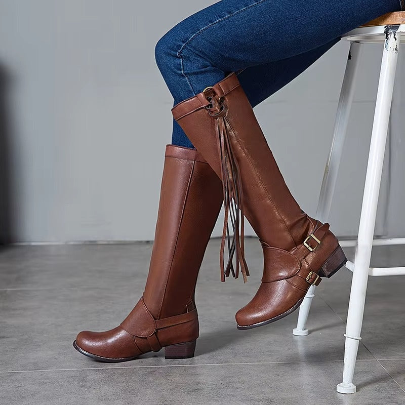Bottes Hautes Femme – Cavalières à Boucles, Laçage Arrière
