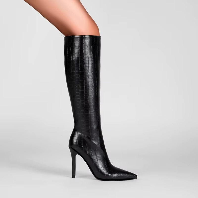 Bottes Hautes Femme – Aspect Croco, Talon Aiguille