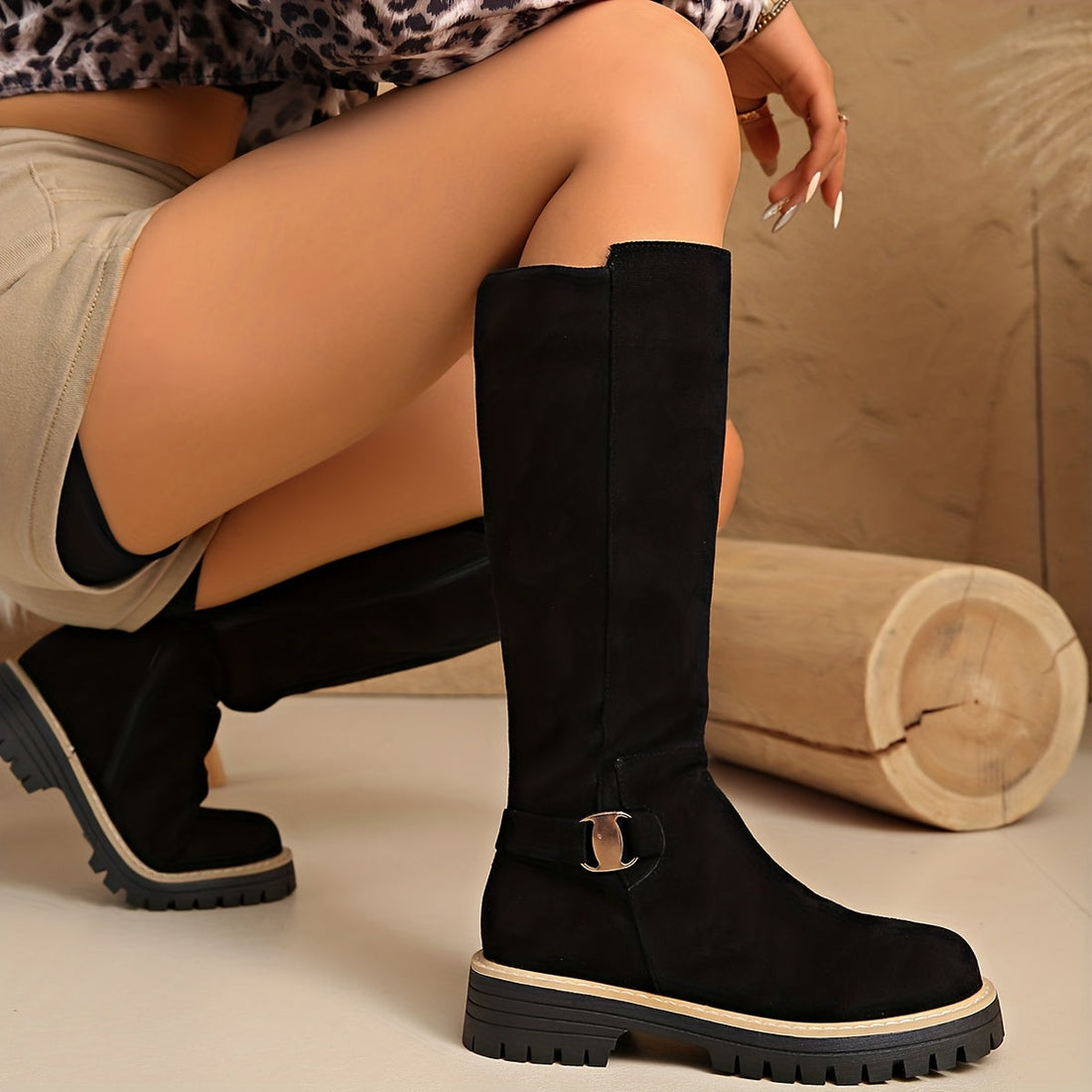 Bottes Hautes Femme – Daim Crantée Boucle Cheville, Aspect Cuir