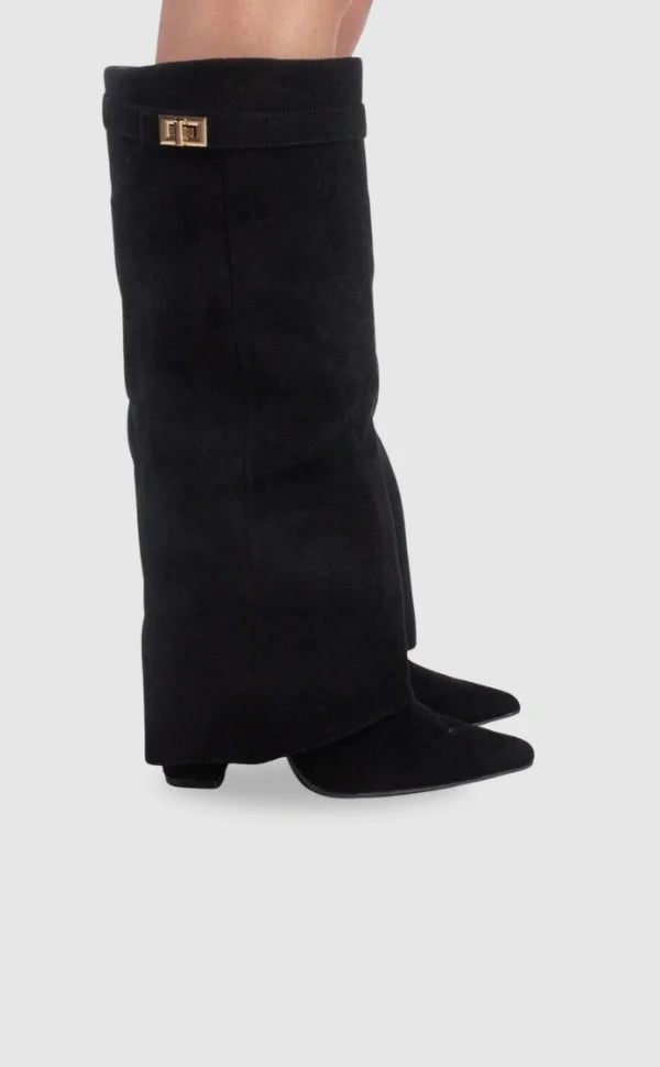 Bottes Hautes Femme – Daim, Détail Métallique Doré Talon Bloc