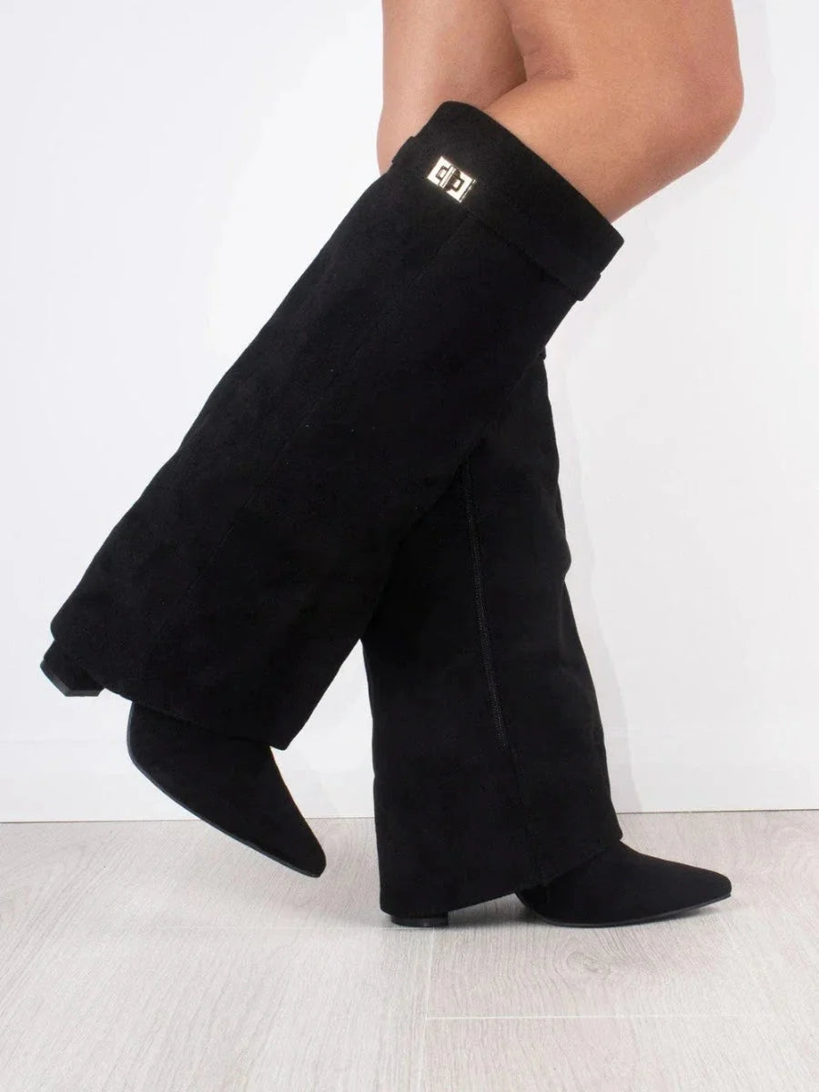 Bottes Hautes Femme – Daim, Détail Métallique Doré Talon Bloc