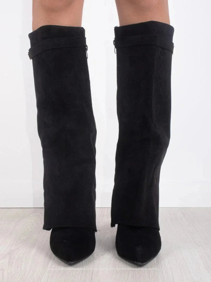 Bottes Hautes Femme – Daim, Détail Métallique Doré Talon Bloc