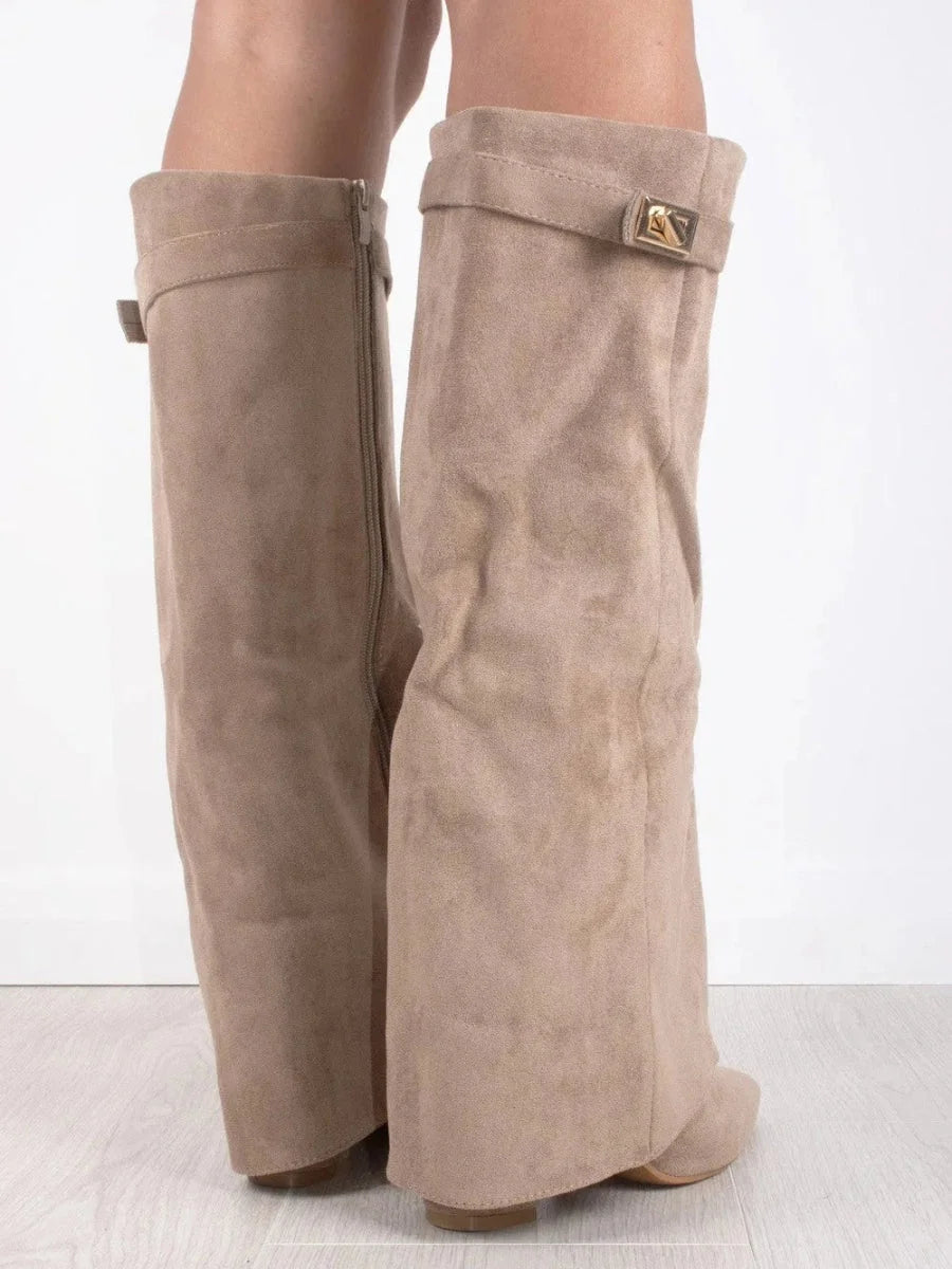 Bottes Hautes Femme – Daim, Détail Métallique Doré Talon Bloc