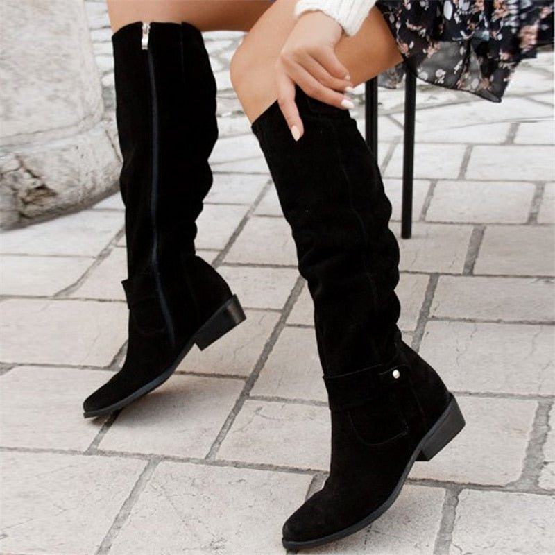 Bottes Hautes Femme – Daim Talon Carré Bout Rond Zip Latéral, Aspect Cuir