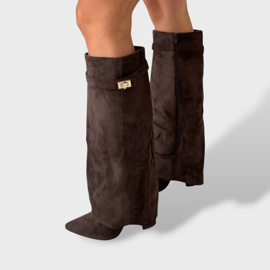 Bottes Hautes Femme – Détail Métallique Doré, Aspect Cuir