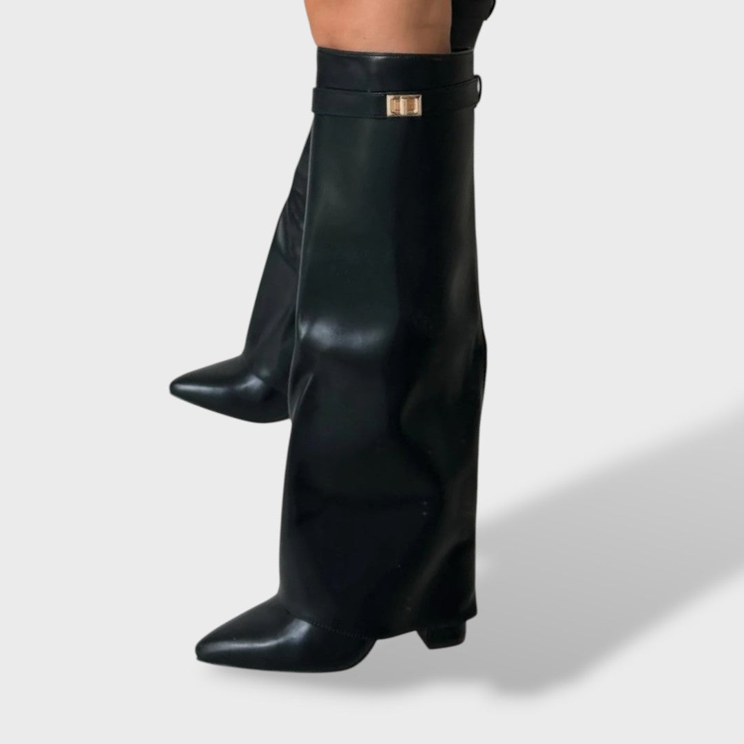 Bottes Hautes Femme – Détail Métallique Doré, Aspect Cuir