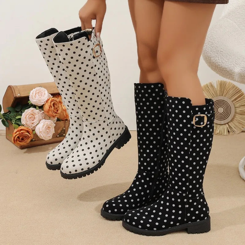 Bottes Hautes Femme – Pois Boucle Zip Talon Bas Bout Rond, Aspect Cuir