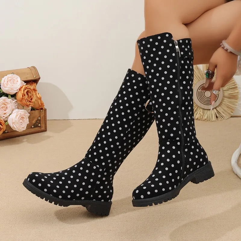 Bottes Hautes Femme – Pois Boucle Zip Talon Bas Bout Rond, Aspect Cuir
