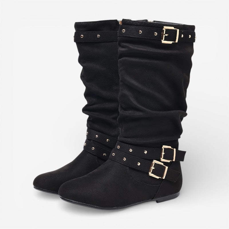Bottes Mi-Mollet Femme – Lanières Cloutées, Tige Drapée