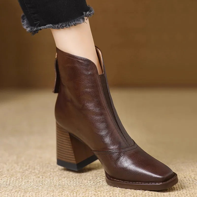 Bottines Femme – Aspect Cuir Talon Bloc Bout Carré, Fermeture Éclair