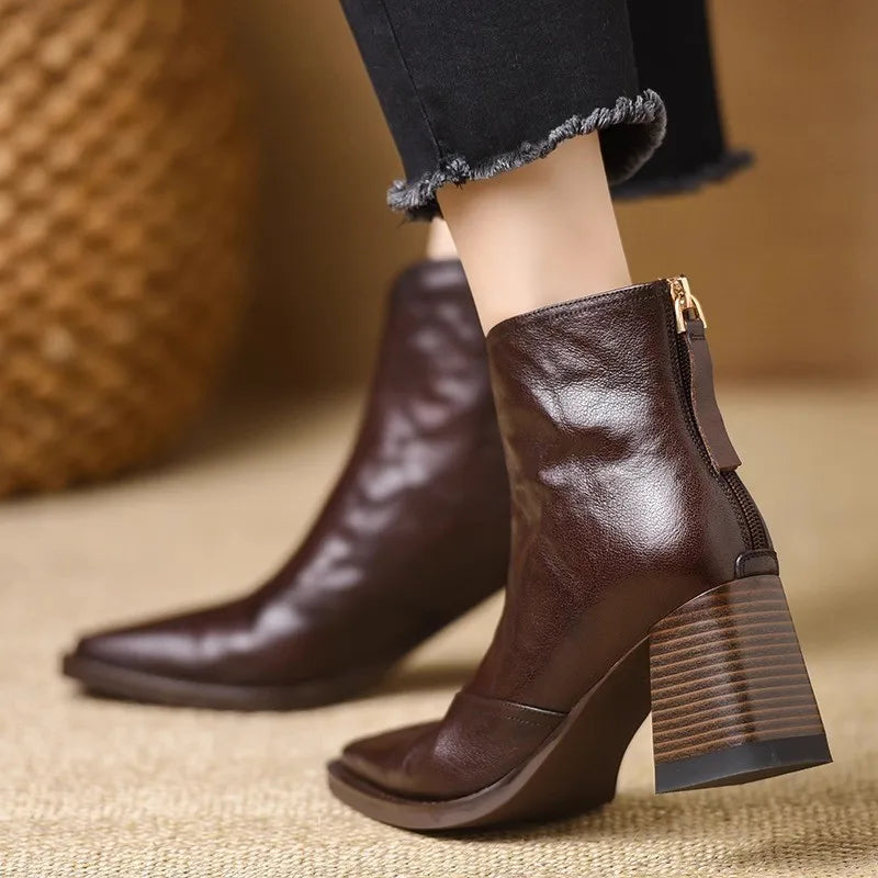 Bottines Femme – Aspect Cuir Talon Bloc Bout Carré, Fermeture Éclair