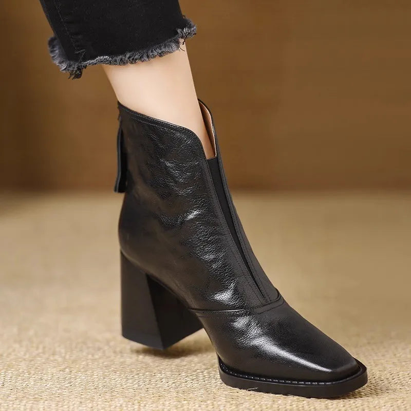 Bottines Femme – Aspect Cuir Talon Bloc Bout Carré, Fermeture Éclair