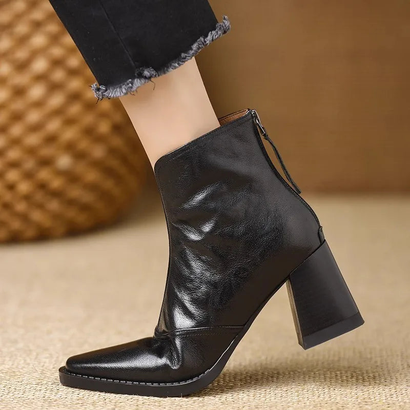 Bottines Femme – Aspect Cuir Talon Bloc Bout Carré, Fermeture Éclair