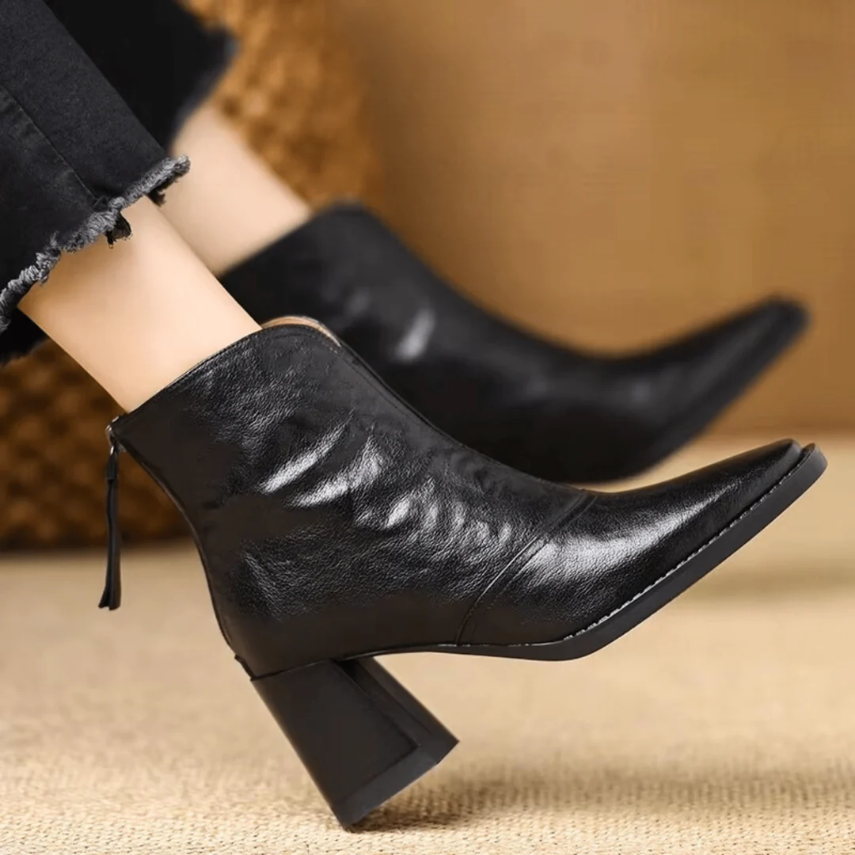 Bottines Femme – Aspect Cuir Talon Bloc Bout Carré, Fermeture Éclair