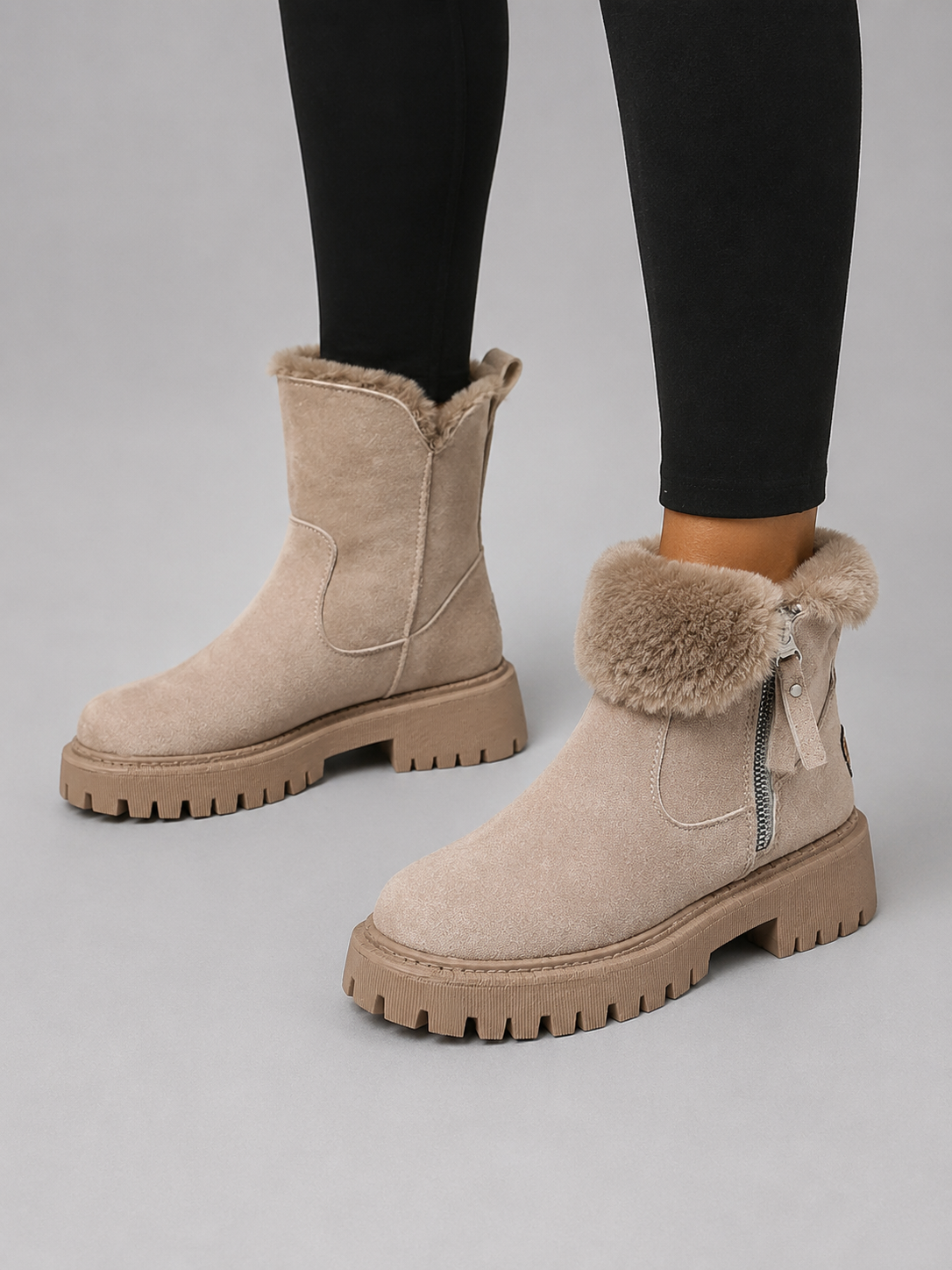 Bottines Femme – Aspect Daim Fourrure Chunky, Talon Bloc
