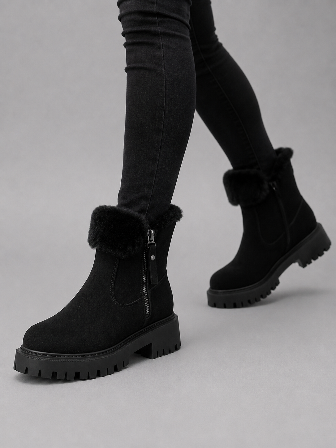 Bottines Femme – Aspect Daim Fourrure Chunky, Talon Bloc