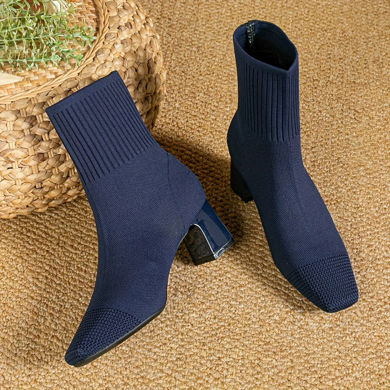 Bottines Femme – Chaussette Talon Bloc Bout Carré Maille, Fermeture Éclair