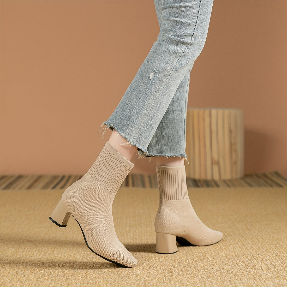 Bottines Femme – Chaussette Talon Bloc Bout Carré Maille, Fermeture Éclair