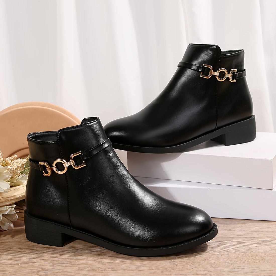 Bottines Femme – Chelsea Chaîne Dorée Talon Bloc Fermeture Zippée Bout Rond, Fermeture Éclair