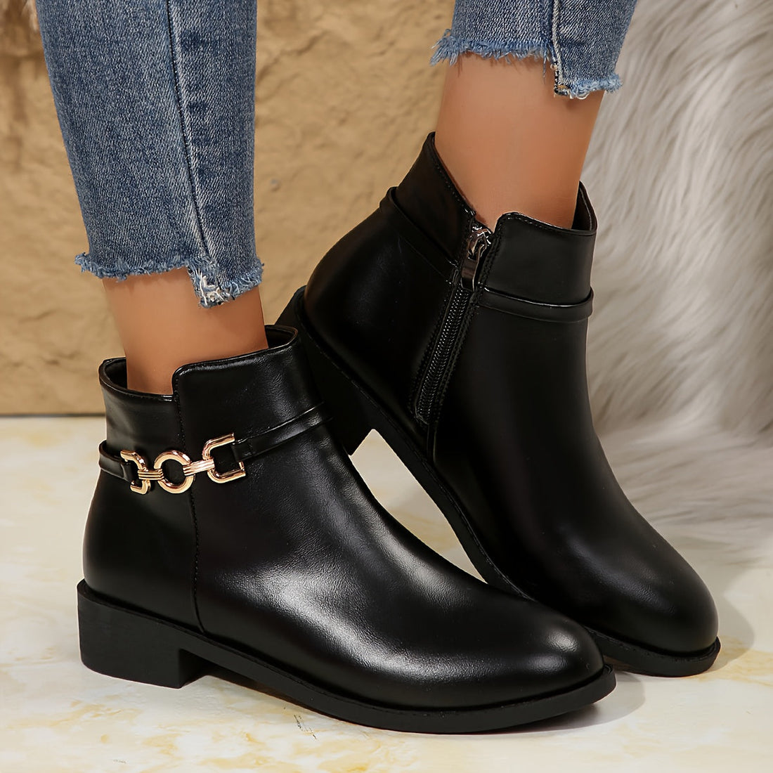 Bottines Femme – Chelsea Chaîne Dorée Talon Bloc Fermeture Zippée Bout Rond, Fermeture Éclair