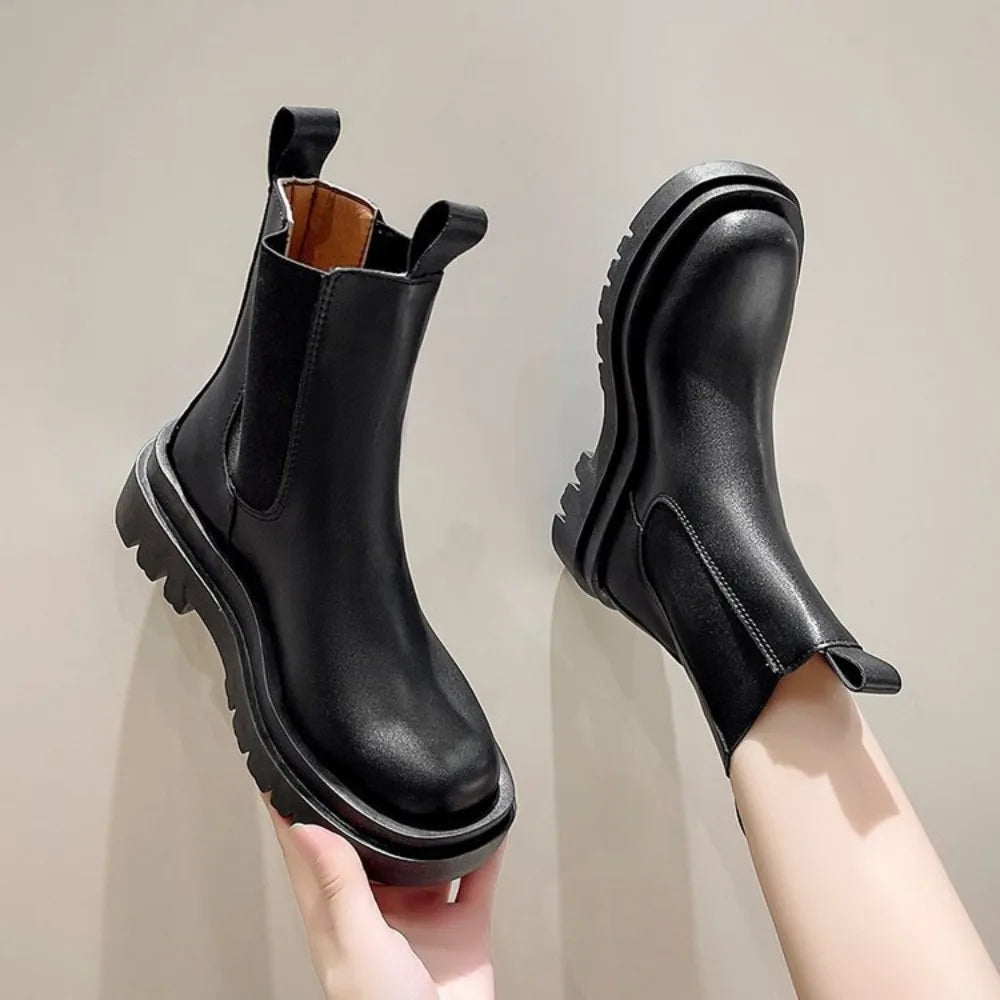 Bottines Femme – Chelsea Crantée Talon Plat Bout Rond, Talon Bloc
