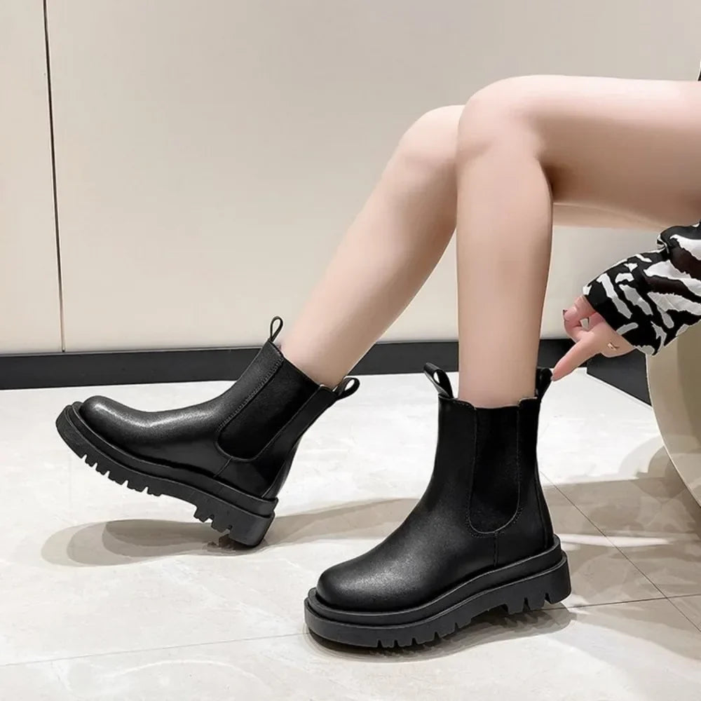 Bottines Femme – Chelsea Crantée Talon Plat Bout Rond, Talon Bloc