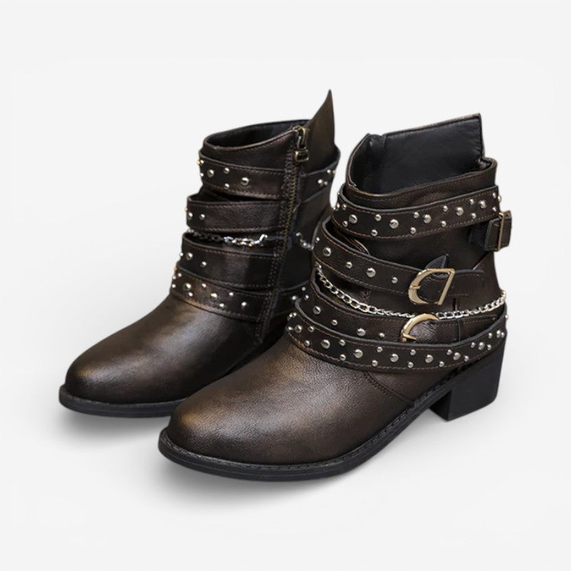 Bottines Cloutées Femme – Lanières à Boucles, Style Motard