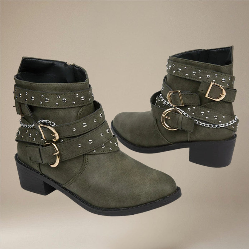 Bottines Cloutées Femme – Lanières à Boucles, Style Motard