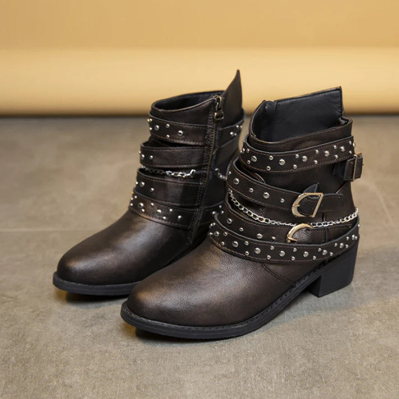 Bottines Cloutées Femme – Lanières à Boucles, Style Motard