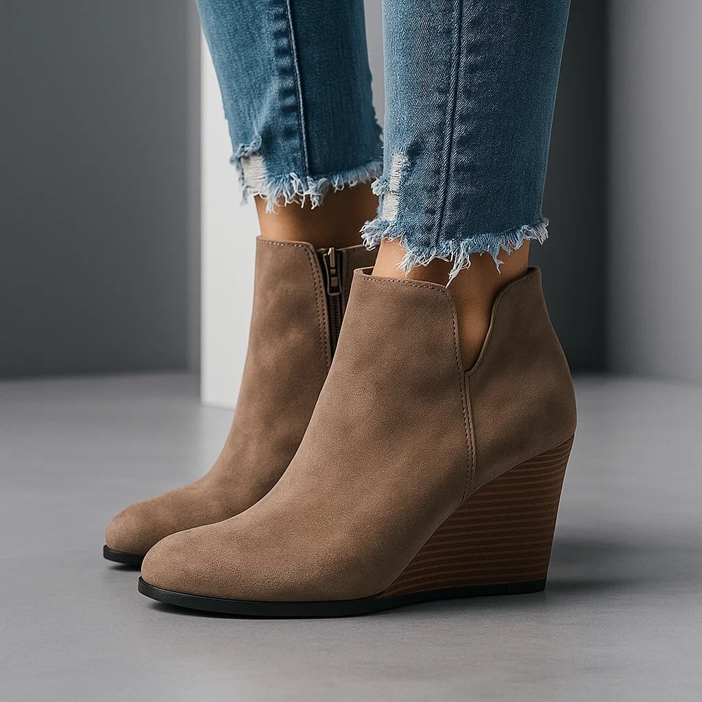 Bottines Femme – Compensées Daim Découpe Latérale, Talon Bloc