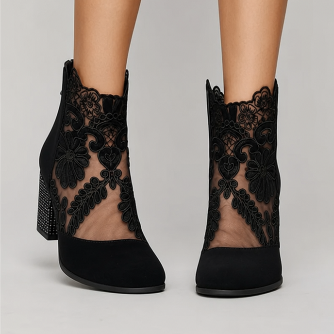 Bottines Femme – Dentelle Florale Talon Bloc Bout Rond, Fermeture Éclair