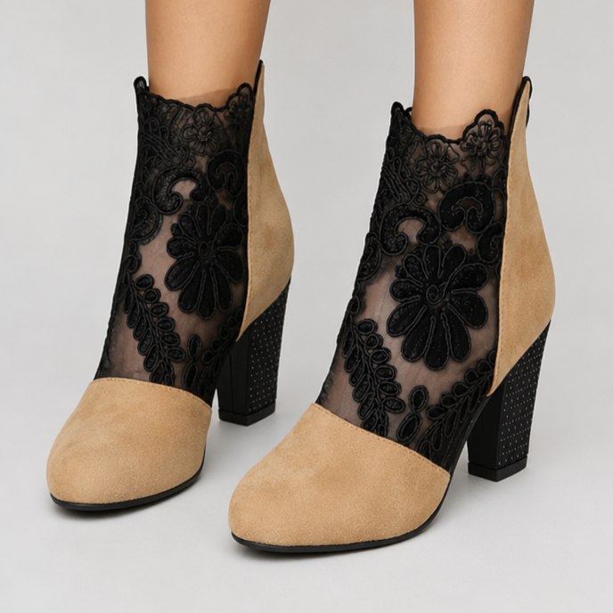 Bottines Femme – Dentelle Florale Talon Bloc Bout Rond, Fermeture Éclair