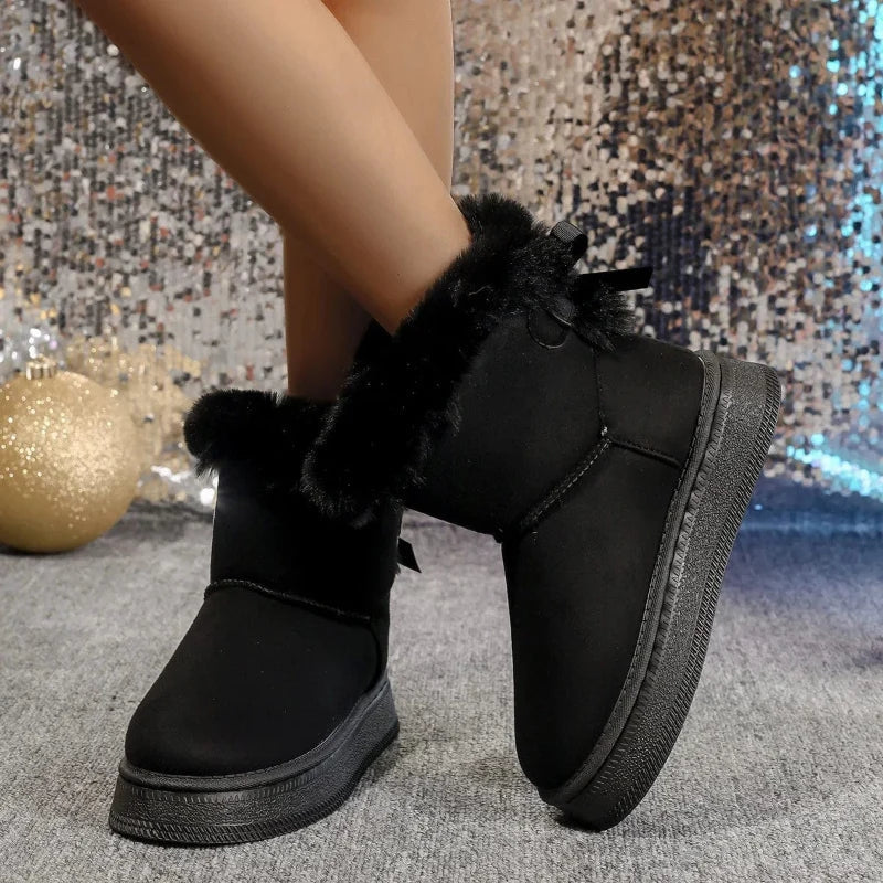 Bottines Fourrées Femme – Mini à Nœud, Semelle Crantée