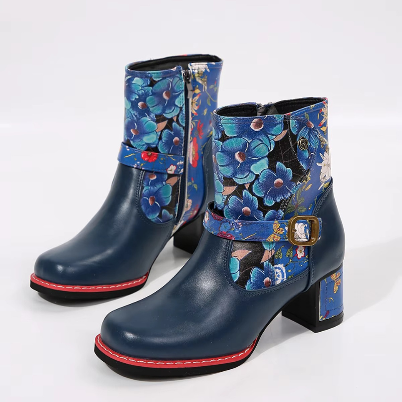 Bottines à Imprimé Floral Femme – Talon Bloc, Boucle