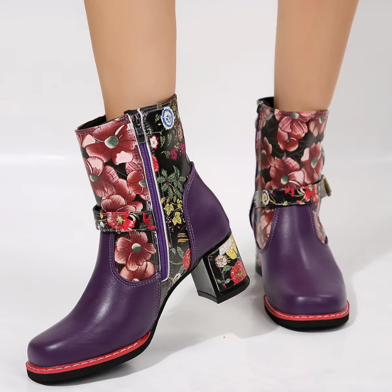 Bottines à Imprimé Floral Femme – Talon Bloc, Boucle