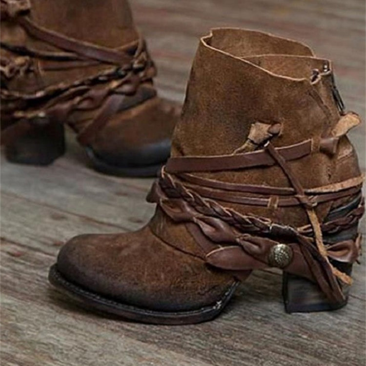 Bottines Femme – Lacées Daim Talon Bloc Détail Tressé, Fermeture Éclair