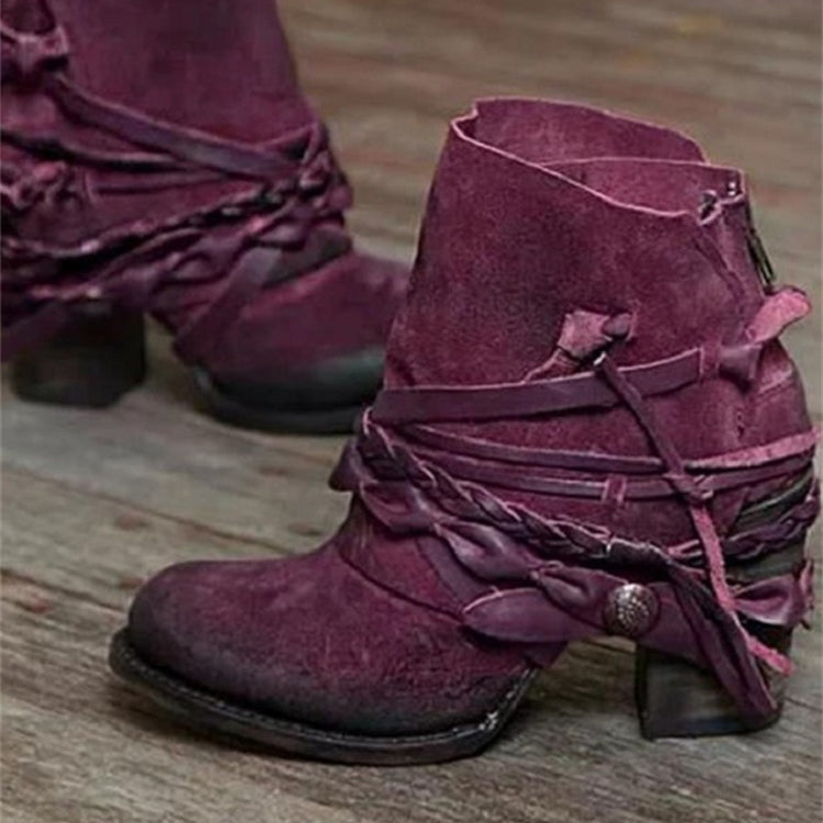Bottines Femme – Lacées Daim Talon Bloc Détail Tressé, Fermeture Éclair