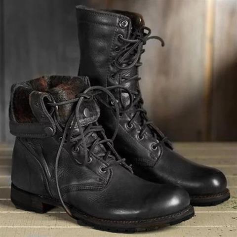 Bottines Femme – Lacets Aspect Cuir Talon Bloc Revers, Fermeture Éclair