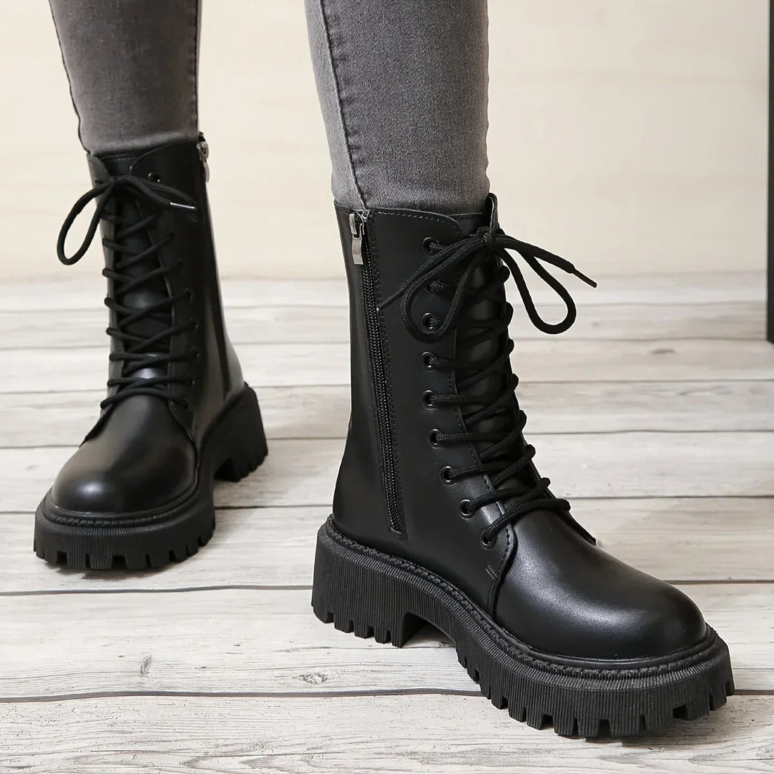 Bottines Femme – Militaires Lacets Zip Côté Aspect Cuir, Talon Bloc